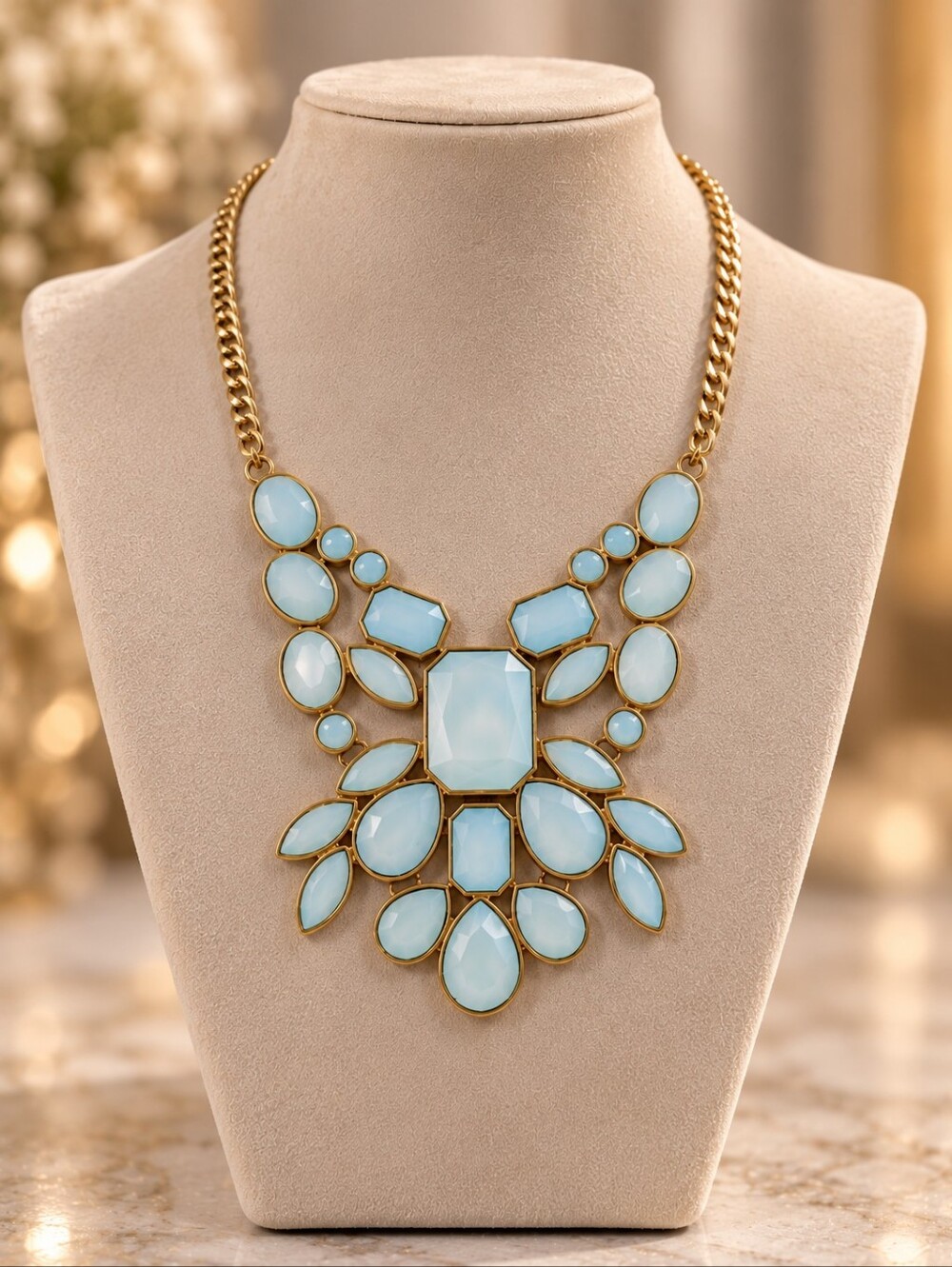 Statement Bib Necklace - Pale Blue Gemstones with Gold Setting